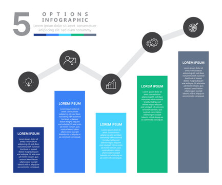 Modern 5 options infographic template with vertical bar chart, connecting line graph, and business data visualization design