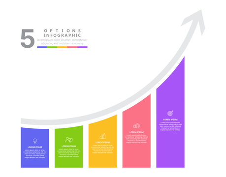 Modern 5 options infographic template with colorful rising bar chart, business growth data visualization, and financial success arrow
