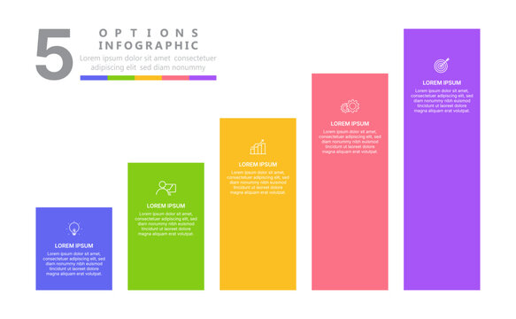 Modern 5 options infographic template with colorful rising steps bar chart, business growth data visualization, and success concept