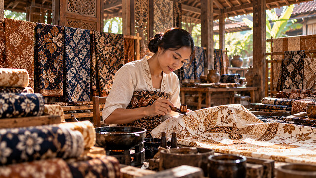Skilled Artisan Creating Intricate Batik Patterns on Fabric in an Authentic Indonesian Workshop