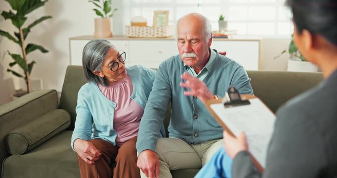 Therapy, support or old couple in office with consultation, empathy or coping with trauma guidance. Mental health, therapist or senior people with checkup, advice or partner compassion in counseling.