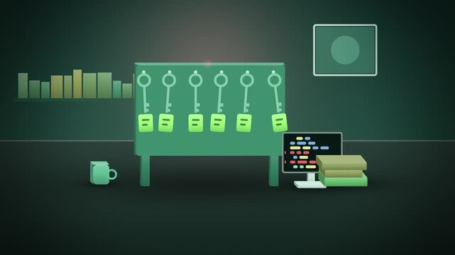 Green secret keys on a key rack in a workshop scene full scene
