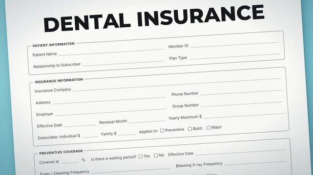 Dental insurance form being filled in by hand with ticked checkboxes and circled coverage on teal