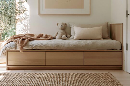 Oak daybed nook with linen bedding and plush bear in bright childrens room