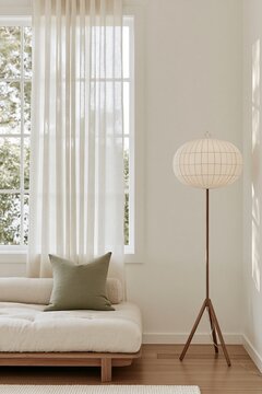Bright window nook with linen daybed and glowing paper lantern floor lamp