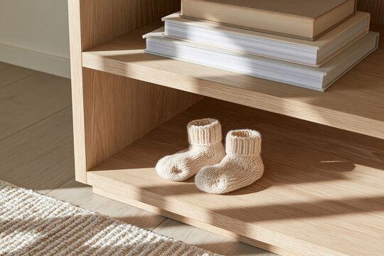 Knit baby socks beside stacked books on an oak shelf in a Japandi interior