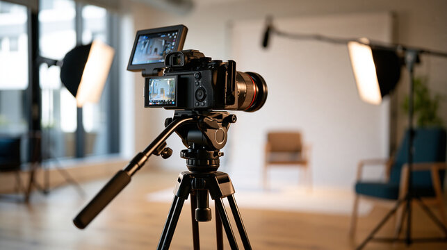 Professional camera setup in a studio for content creation video camera on a tripod with a monitor two softbox lights and a microphone on a boom pole white backdrop and a chair in the