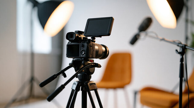 Professional camera setup in a studio for content creation video camera on a tripod with a monitor two softbox lights and a microphone on a boom pole white backdrop and a chair in the