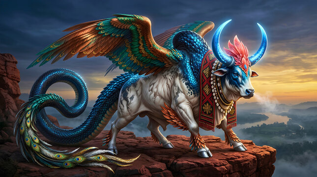 Generative AI illustration of a sacred Malagasy chimera beast with zebu bull head, glowing horns, dragon wings, and peacock serpent tail on a canyon cliff at sunset.