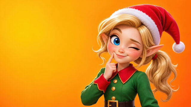 Cute christmas elf girl with blonde hair and red hat winking on orange generated using ai background