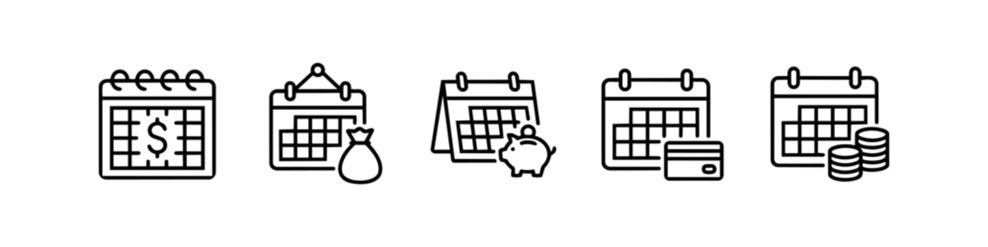 Payment calendar line icons set. Icons representing payday, money bag, piggy bank savings, credit card due date, and coin stacks for financial planning and billing schedule.