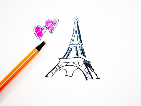Eiffel Tower and hearts, drawn, pencil