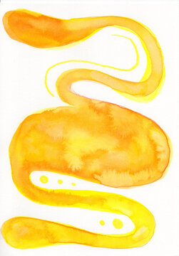 Abstract watercolor painting shows a twined yellow intestine shape