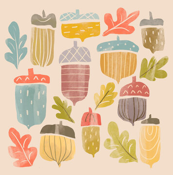 Watercolor illustration of autumn acorn and oak leaf pattern