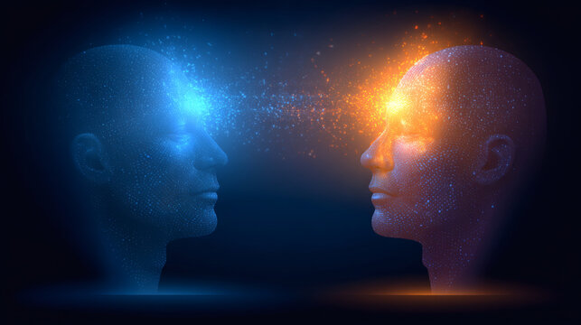 architectural style illustration of a digital consciousness hub. Two silver faces sit on a reflective floor, emitting holographic data streams and complex pixelated light. Thousands of fine 