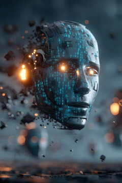high-end 3D visualization of an artificial intelligence partnership. Two glowing silver faces serve as the focal point for a swirling stream of light particles and floating binary digits. The 