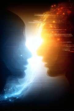 high-end 3D visualization of an artificial intelligence partnership. Two glowing silver faces serve as the focal point for a swirling stream of light particles and floating binary digits. The 