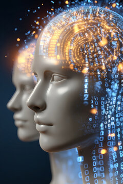 high-end 3D visualization of an artificial intelligence partnership. Two glowing silver faces serve as the focal point for a swirling stream of light particles and floating binary digits. The 