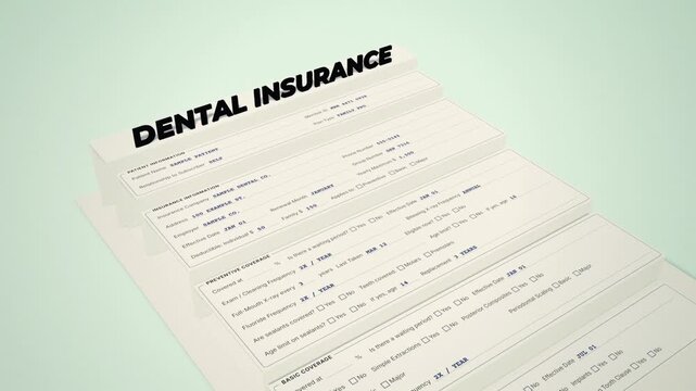 3D dental insurance form rising into stepped layers as checkboxes tick and coverage percent blocks pop up