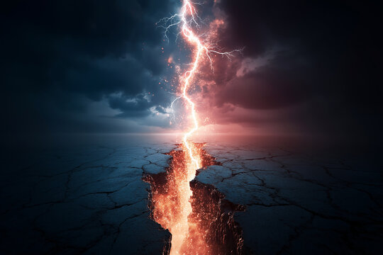 Cracked earth splits apart as a powerful lightning bolt strikes the center, sending glowing debris outward in a dramatic symmetrical competition background
