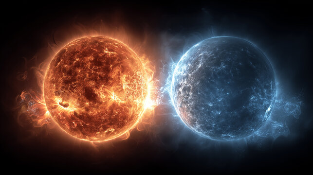 Glowing sun and full moon face each other in a dramatic cosmic clash, surrounded by radiant energy waves bursting across the composition