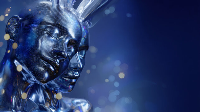 studio photograph of two reflective metallic faces aligned closely, illuminated by flowing light streams entering from left, holographic binary digits and floating analytics hover above and 