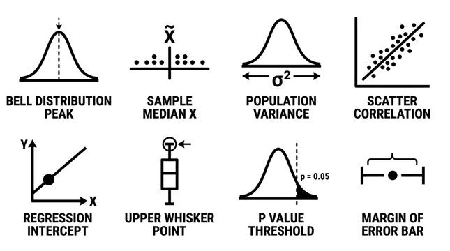 Advanced statistics and data metrics icons showing distribution peaks and margin of error measurements with analysis research probability variance correlation regression