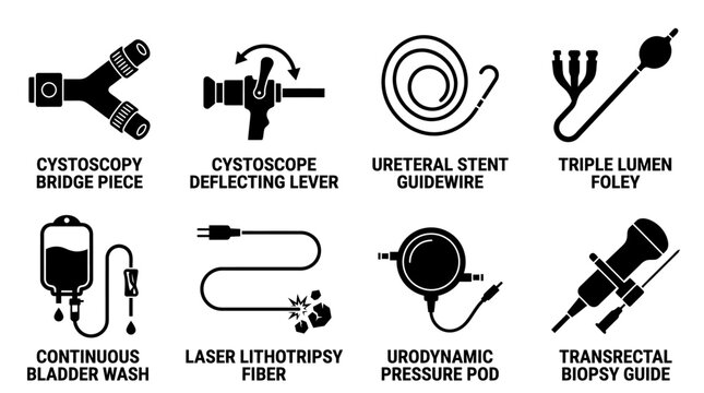 Set of medical urology equipment icons for surgical procedures and clinical urological examination with cystoscopy instrument catheter guidewire procedure hospital