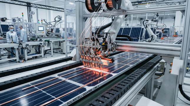 Automated solar cell stringer soldering multi-wire ribbons on silicon wafers