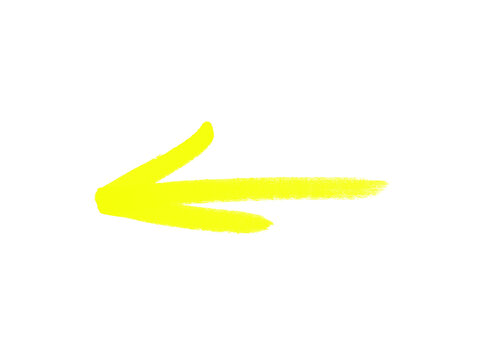 Hand drawn yellow brush stroke arrow pointing left, bold painted marker backward direction sign, previous and back navigation symbol, isolated on white background, vector illustration for design