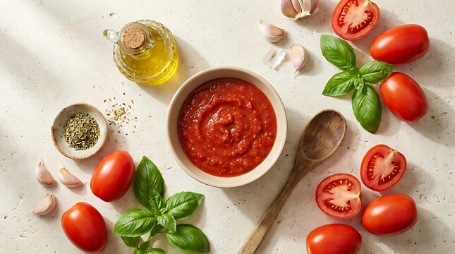 Fresh red tomato sauce in a bowl with olive oil basil leaves and garlic on a light kitchen table top. marinara cooking tips