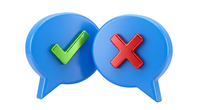 3D Speech Bubbles with Green Check and Red Cross for Decision Concept