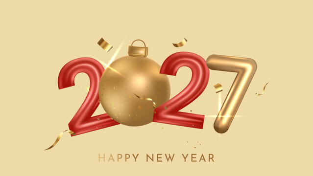 Happy New Year 2027 Celebration with Red and Gold Numbers, Golden Christmas Bauble and Festive Confetti on Cream Background