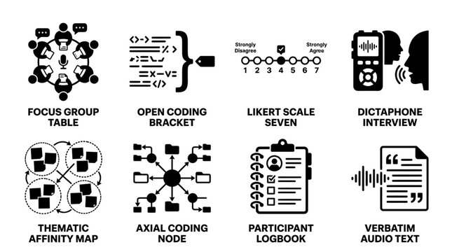 Collection of qualitative research symbols showing focus group table and open coding bracket with methodology analysis interview dictaphone affinity participant