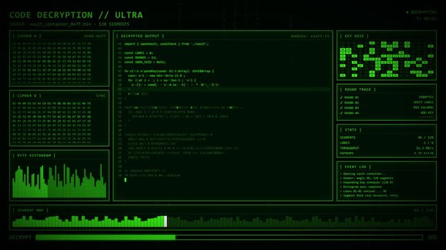 Green Code Decryption Ultra Byte Histogram Round Trace Segment Map Console.