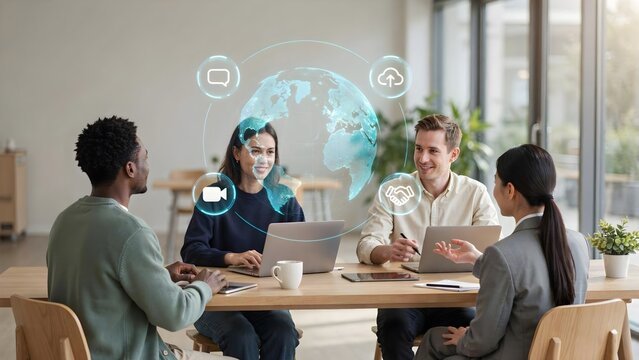 Global business team collaboration and communication with digital world map hologram, cloud storage, and video conferencing icons