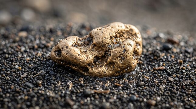 Gold nugget resting on dark gravel surface in natural setting  