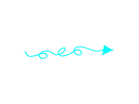 Hand drawn aqua turquoise curly squiggly arrow with loops pointing right, wavy swirl line direction pointer, isolated on white background, doodle scribble sketch vector illustration for design
