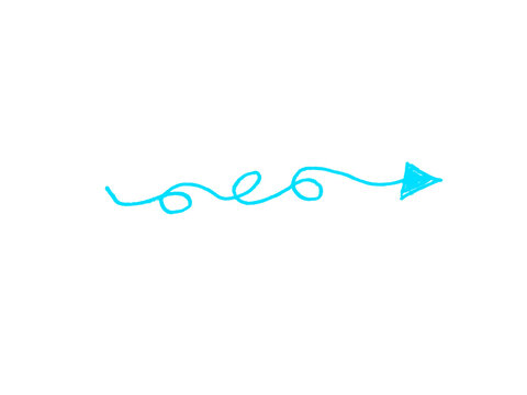 Hand drawn cyan curly squiggly arrow with loops pointing right, wavy swirl line direction pointer, isolated on white background, doodle scribble sketch vector illustration for design for design