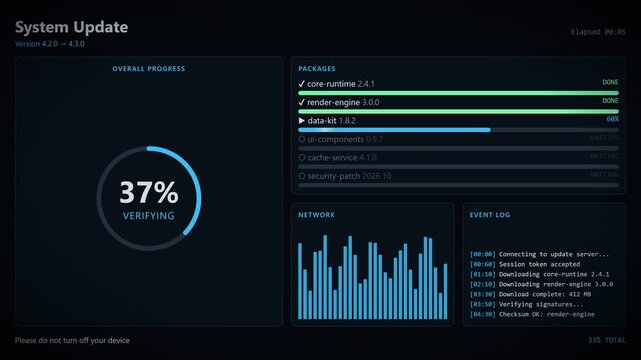 Blue System Update Progress Dashboard Packages Network Event Log Animation.