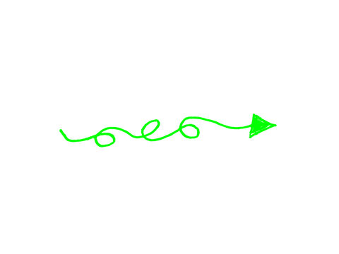 Hand-drawn green arrow with curly scribble line, neon lime doodle pointer on white background, whimsical sketch arrow for creative design