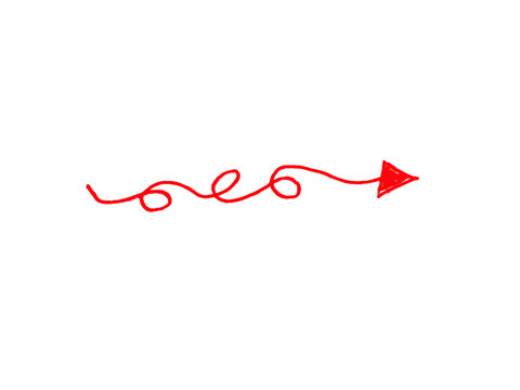 Red hand-drawn arrow with curly scribble line, sketchy red pointer icon on white background, doodle style directional arrow for highlighting