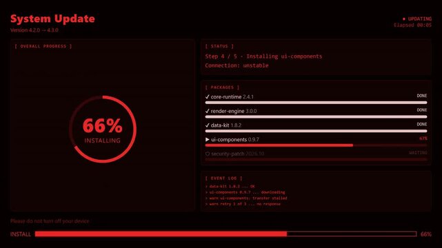 Red System Update Failed Rollback Restoring Previous Version Error Screen.