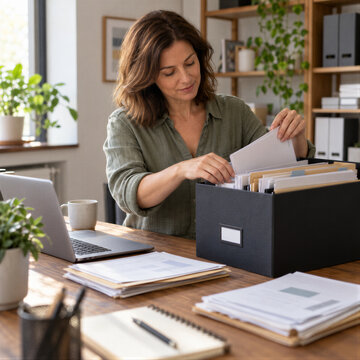 Smiling middle aged woman organizing household paperwork and documents in a black file box at a wooden desk with a laptop in a bright home office