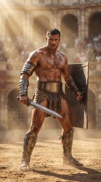 Gladiator with sword and shield in arena