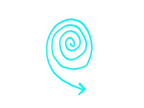 Cyan hand-drawn spiral arrow doodle, minimalist blue sketch of circular motion, isolated hand drawn swirl icon for creative design