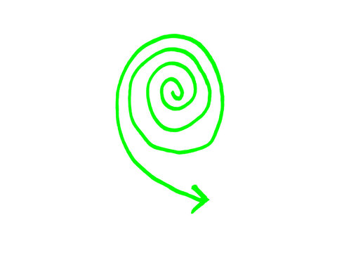 Hand-drawn green spiral arrow on white background, neon lime green doodle sketch of a circular arrow, minimalist hand-drawn swirl pointer icon