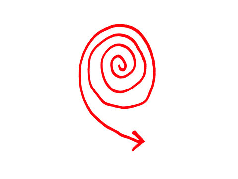 Red hand-drawn spiral arrow, circular doodle element for highlighting, minimalist red marker sketch isolated on white for presentation graphics