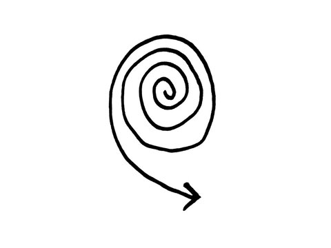 Hand-drawn spiral arrow doodle, black ink swirl sketch on white background, circular motion direction symbol for creative design