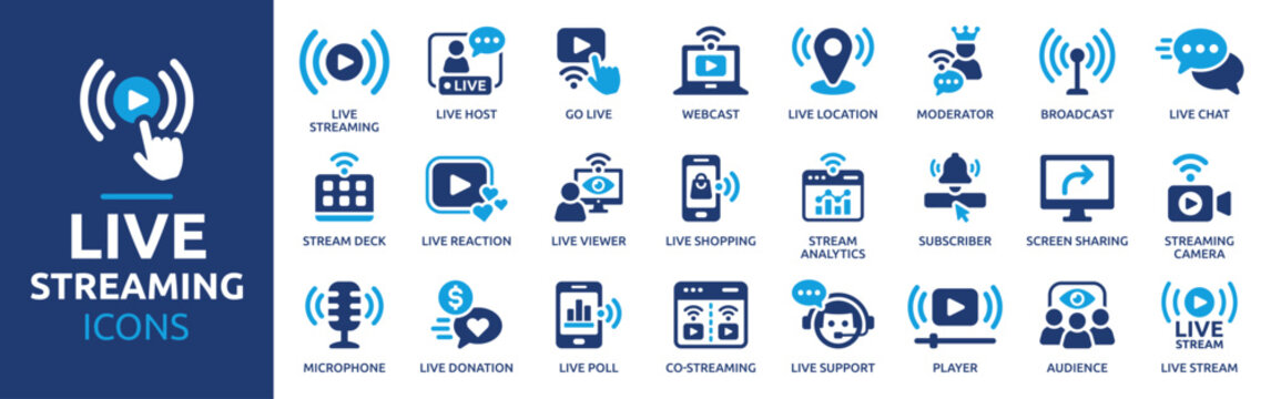 Live Streaming and Broadcasting Icons Set. Online Video, Webcast, Live Chat, Stream Analytics and Content Creator Solid Vector Icons Collection